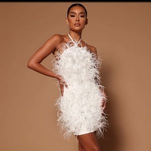 Fashion Nova Ivory Feathered Mini Dress